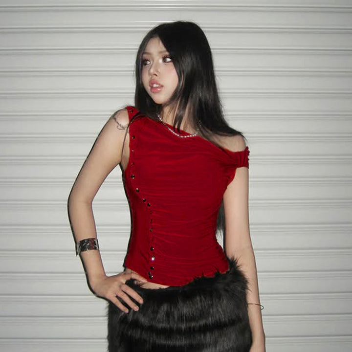 Asymmetrical Off Shoulder Ruched Button Top – Red - Vedlit