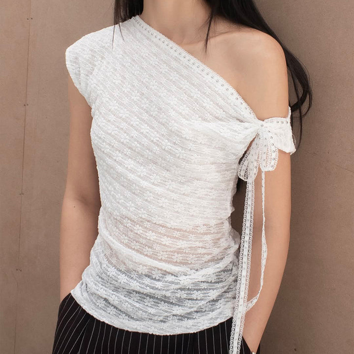 Asymmetrical One-Shoulder Lace Tie Top – White Chic - Vedlit