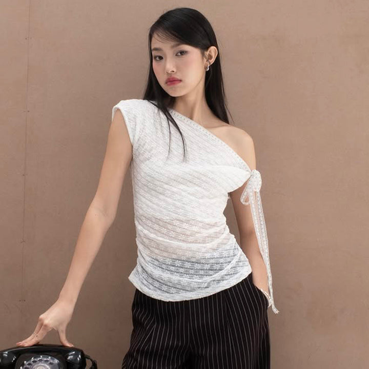 Asymmetrical One-Shoulder Lace Tie Top – White Chic - Vedlit