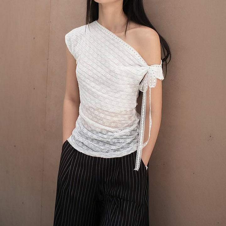Asymmetrical One-Shoulder Lace Tie Top – White Chic - Vedlit