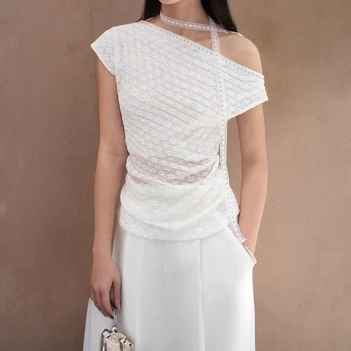 Asymmetrical One-Shoulder Lace Tie Top – White Chic - Vedlit