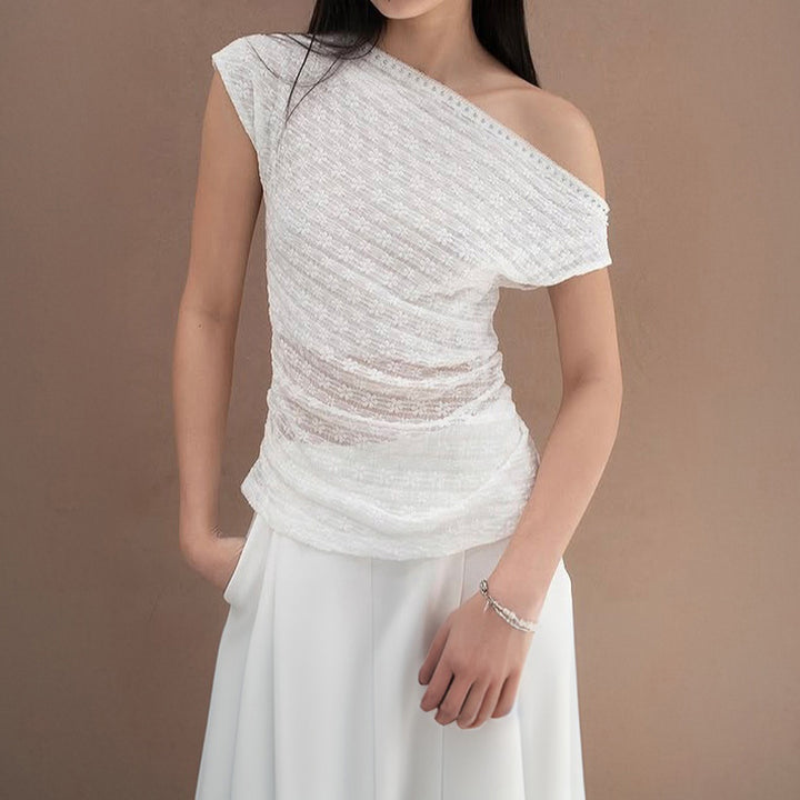 Asymmetrical One-Shoulder Lace Tie Top – White Chic - Vedlit
