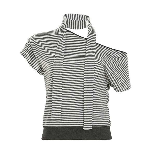 Asymmetrical Stripe Cutout Tee with Neck Tie Detail - Vedlit