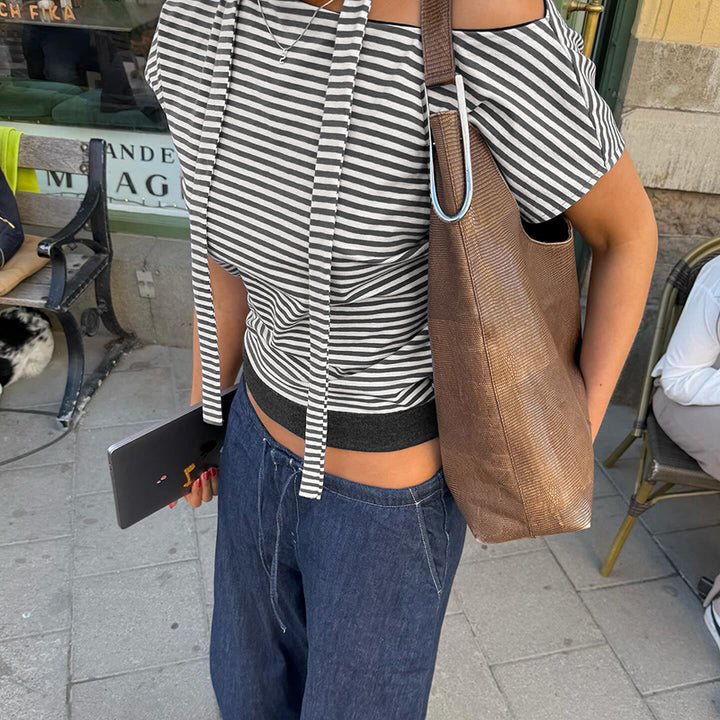 Asymmetrical Stripe Cutout Tee with Neck Tie Detail - Vedlit