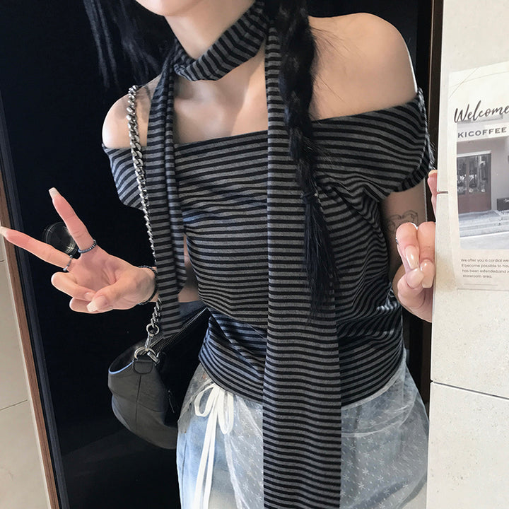 Asymmetrical Striped Off-Shoulder Tee with Scarf Accent - Vedlit