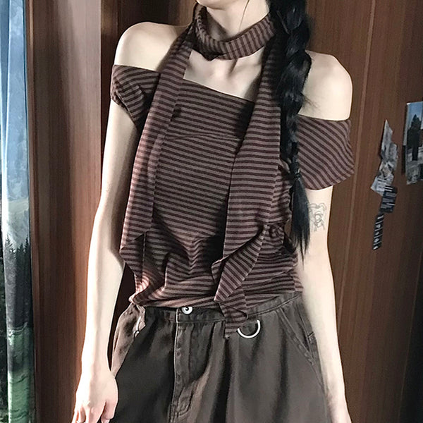 Asymmetrical Striped Off-Shoulder Tee with Scarf Accent - Vedlit