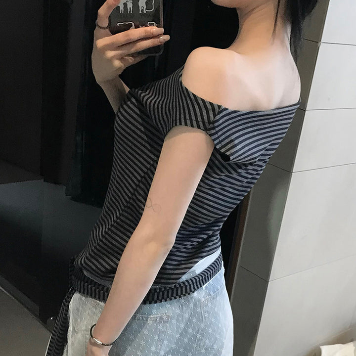 Asymmetrical Striped Off-Shoulder Tee with Scarf Accent - Vedlit