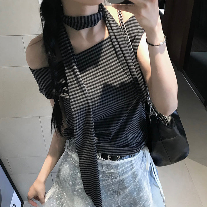 Asymmetrical Striped Off-Shoulder Tee with Scarf Accent - Vedlit