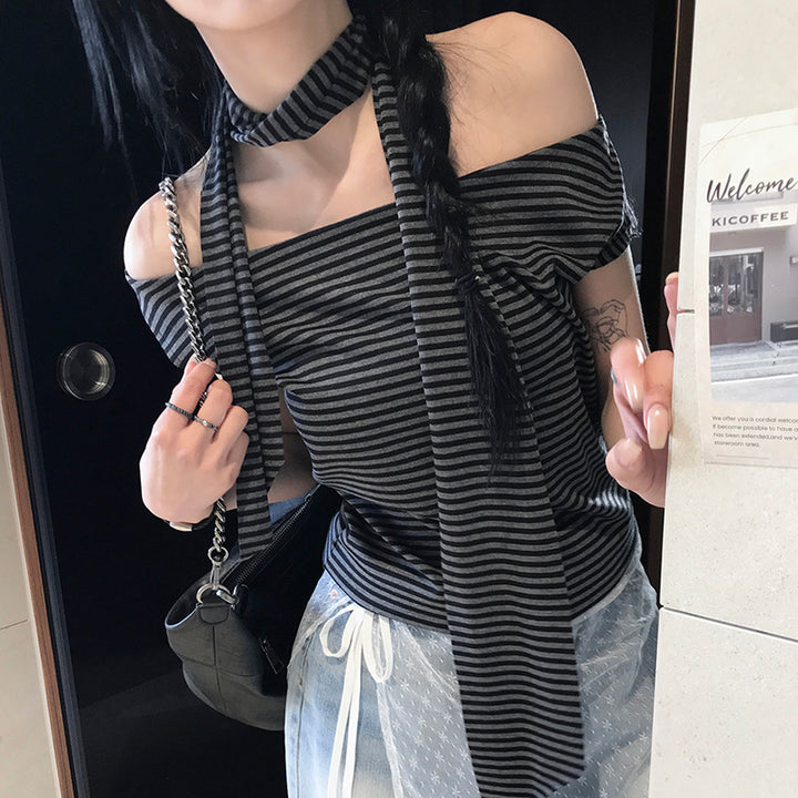 Asymmetrical Striped Off-Shoulder Tee with Scarf Accent - Vedlit