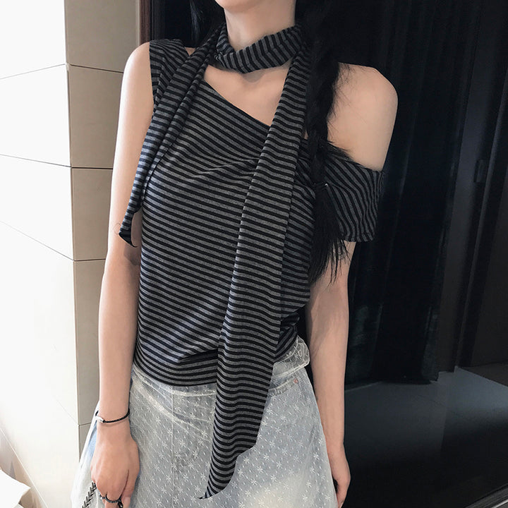 Asymmetrical Striped Off-Shoulder Tee with Scarf Accent - Vedlit