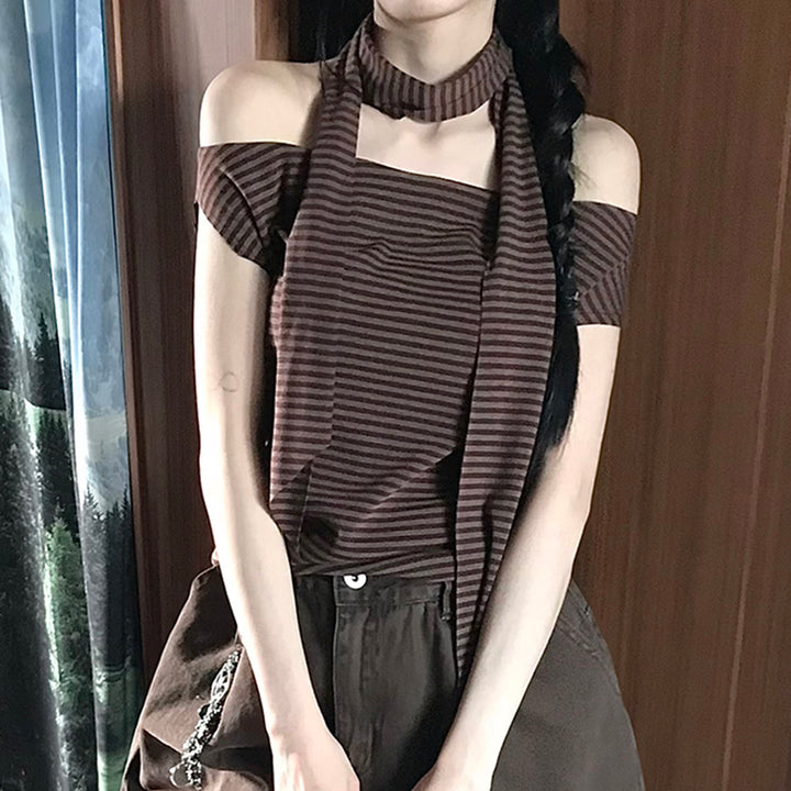 Asymmetrical Striped Off-Shoulder Tee with Scarf Accent - Vedlit