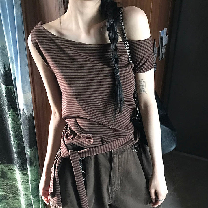 Asymmetrical Striped Off-Shoulder Tee with Scarf Accent - Vedlit
