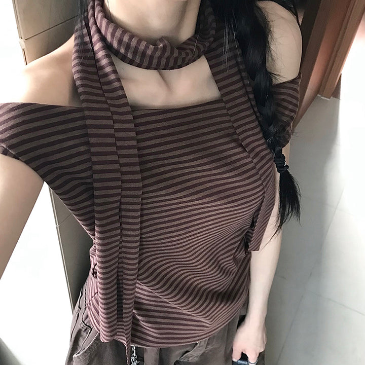 Asymmetrical Striped Off-Shoulder Tee with Scarf Accent - Vedlit