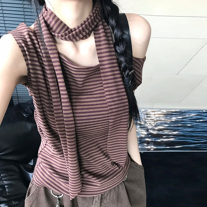 Asymmetrical Striped Off-Shoulder Tee with Scarf Accent - Vedlit