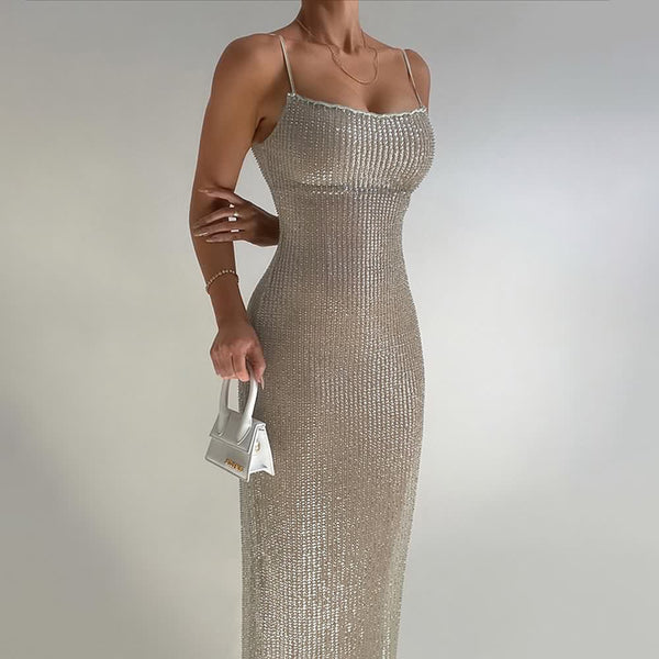 Back Slit Beaded Maxi Dress - Vedlit