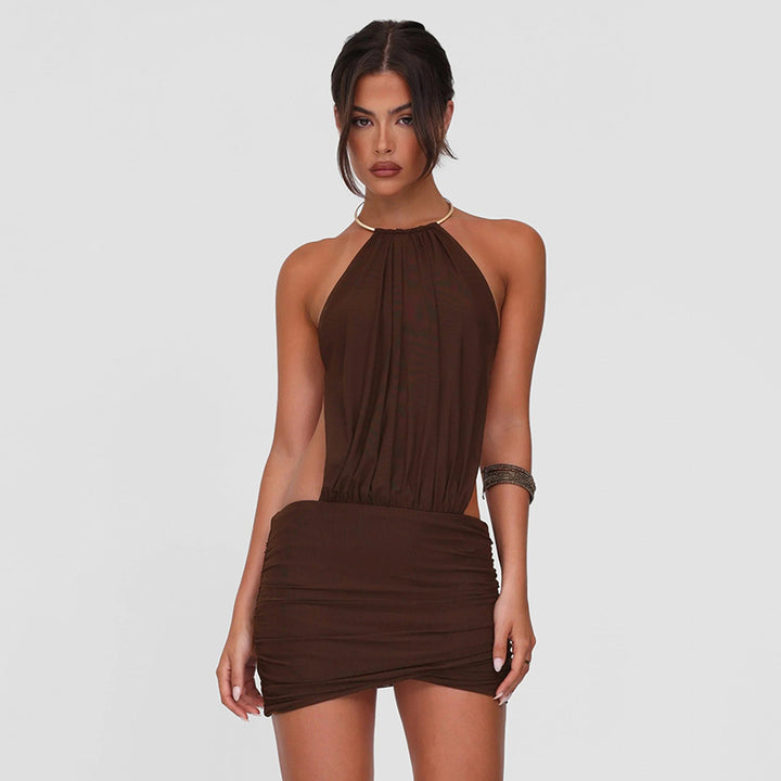 Backless Halter Bodycon Mini Dress in Coffee Brown - Vedlit