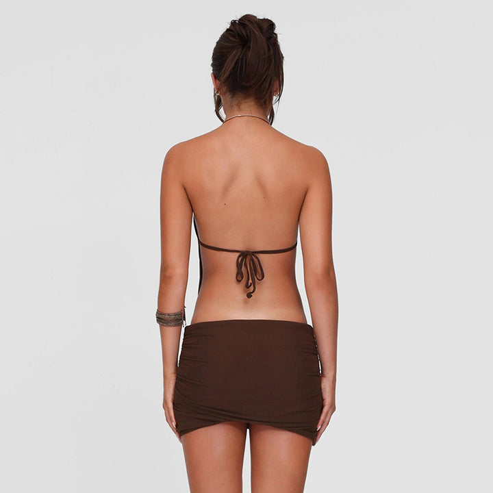 Backless Halter Bodycon Mini Dress in Coffee Brown - Vedlit