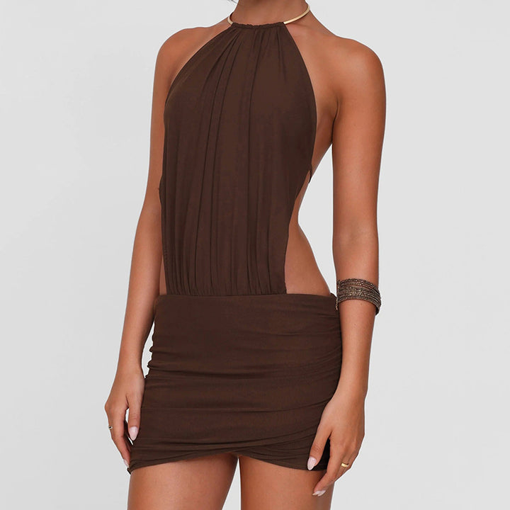 Backless Halter Bodycon Mini Dress in Coffee Brown - Vedlit