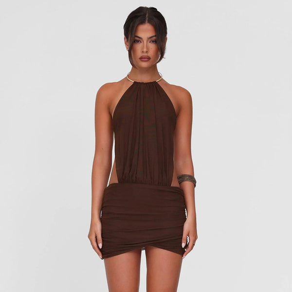 Backless Halter Bodycon Mini Dress in Coffee Brown - Vedlit