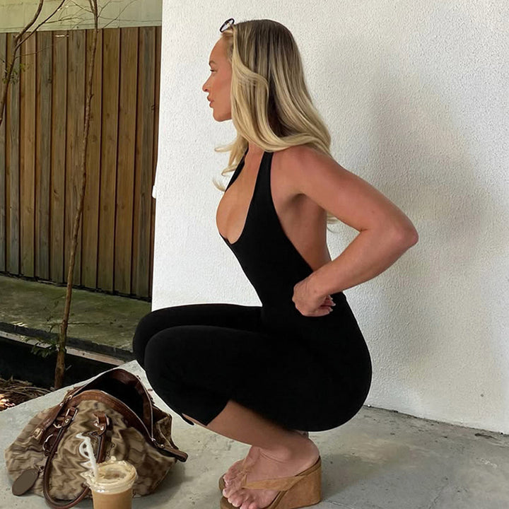Backless Halter Jumpsuit with Scoop Neck & Capri Fit - Vedlit