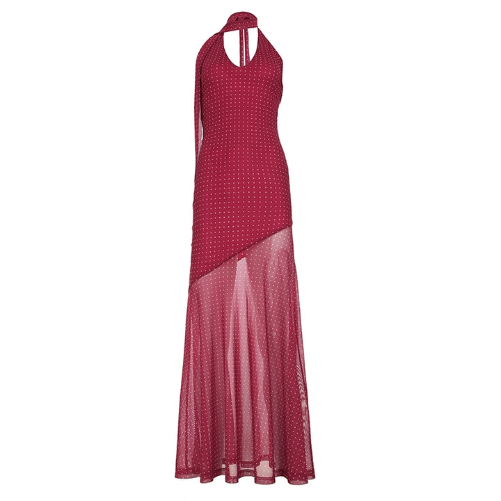 Backless Polka Dot Halter Maxi Dress with Scarf Detail - Vedlit