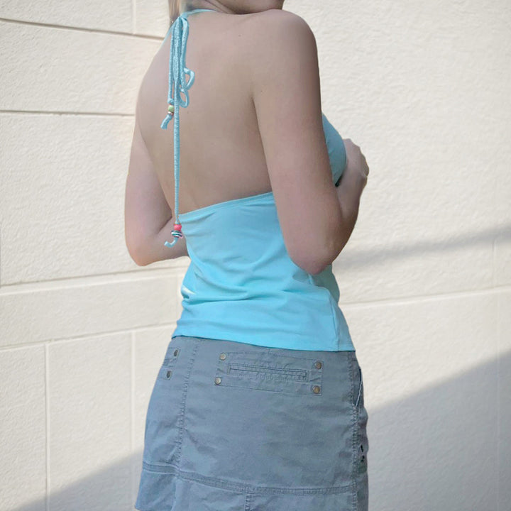 Beaded Halter Neck Backless Tank Top - Sky Blue Summer Style - Vedlit