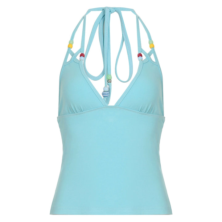 Beaded Halter Neck Backless Tank Top - Sky Blue Summer Style - Vedlit