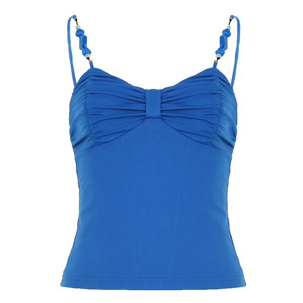 Beaded Strap Ruched Bow Cami Top – Y2K Blue Tank - Vedlit