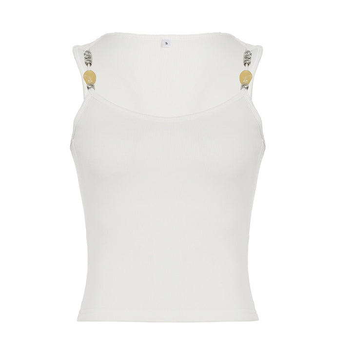 Beaded Strap White Ribbed Tank Top Y2K Fitted Aesthetic - Vedlit
