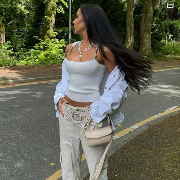 Beaded Strap White Ribbed Tank Top Y2K Fitted Aesthetic - Vedlit