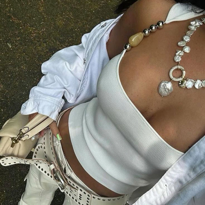 Beaded Strap White Ribbed Tank Top Y2K Fitted Aesthetic - Vedlit