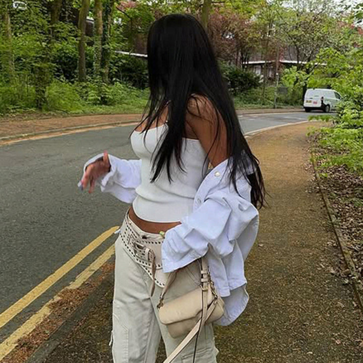 Beaded Strap White Ribbed Tank Top Y2K Fitted Aesthetic - Vedlit