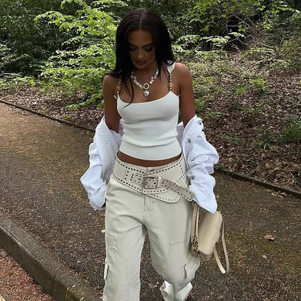 Beaded Strap White Ribbed Tank Top Y2K Fitted Aesthetic - Vedlit