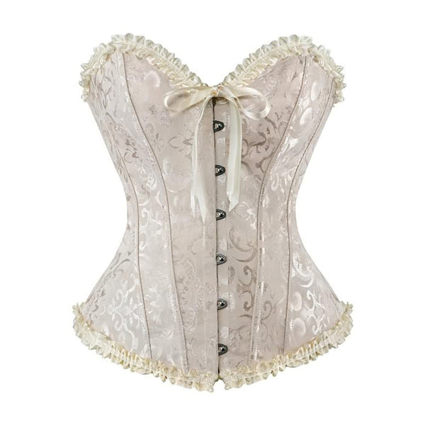 Beige Gothic Ruffle Trim Hourglass Overbust Corset - Vedlit