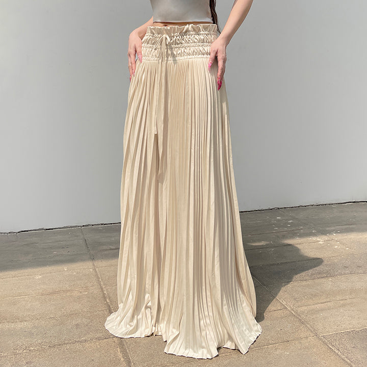 Beige Pleated Maxi Skirt with Ruffled Waist - Vedlit