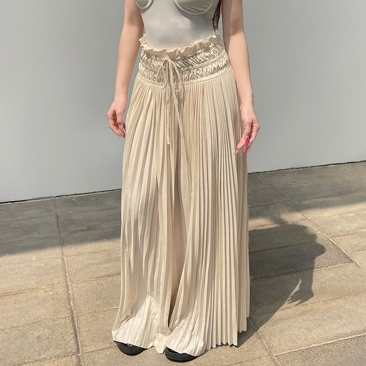 Beige Pleated Maxi Skirt with Ruffled Waist - Vedlit