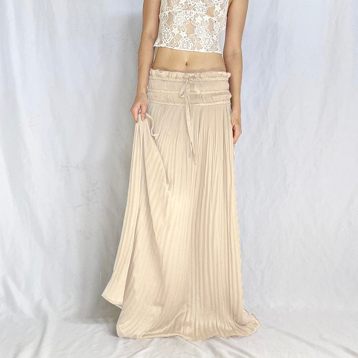 Beige Pleated Maxi Skirt with Ruffled Waist - Vedlit