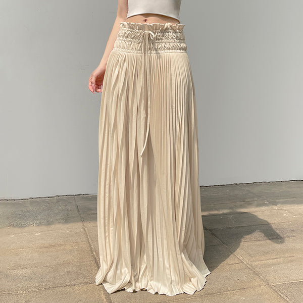 Beige Pleated Maxi Skirt with Ruffled Waist - Vedlit