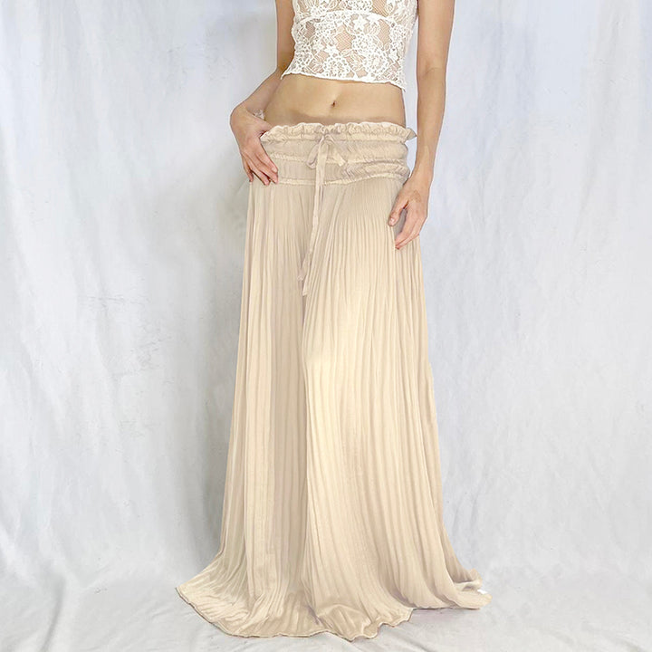 Beige Pleated Maxi Skirt with Ruffled Waist - Vedlit