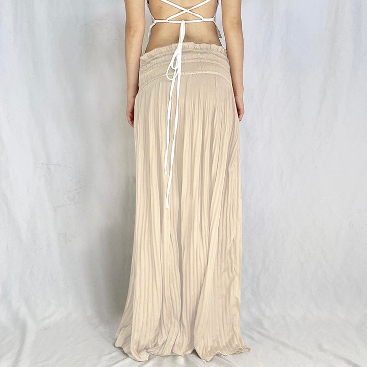 Beige Pleated Maxi Skirt with Ruffled Waist - Vedlit