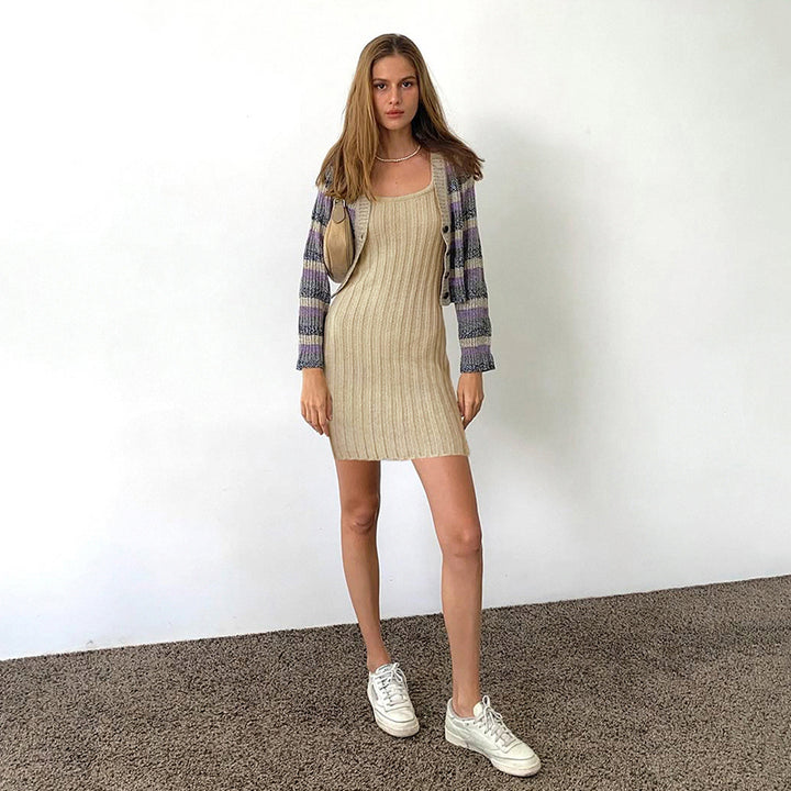 Beige Ribbed Knit Bodycon Mini Dress Sleeveless Scoop Neck - Vedlit