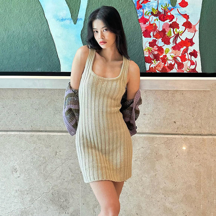 Beige Ribbed Knit Bodycon Mini Dress Sleeveless Scoop Neck - Vedlit