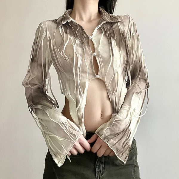 Beige Tie Dye Gothic Grunge Mesh Top - Vedlit