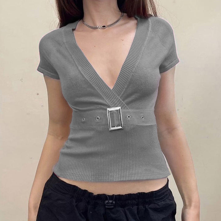 Belted V-Neck Ribbed Knit Slim Fit Short Sleeve Top - Vedlit