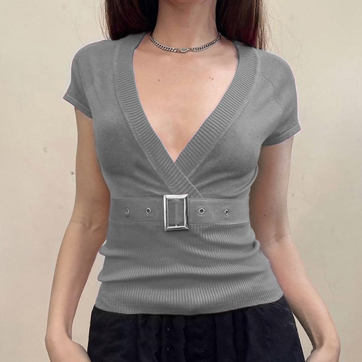 Belted V-Neck Ribbed Knit Slim Fit Short Sleeve Top - Vedlit
