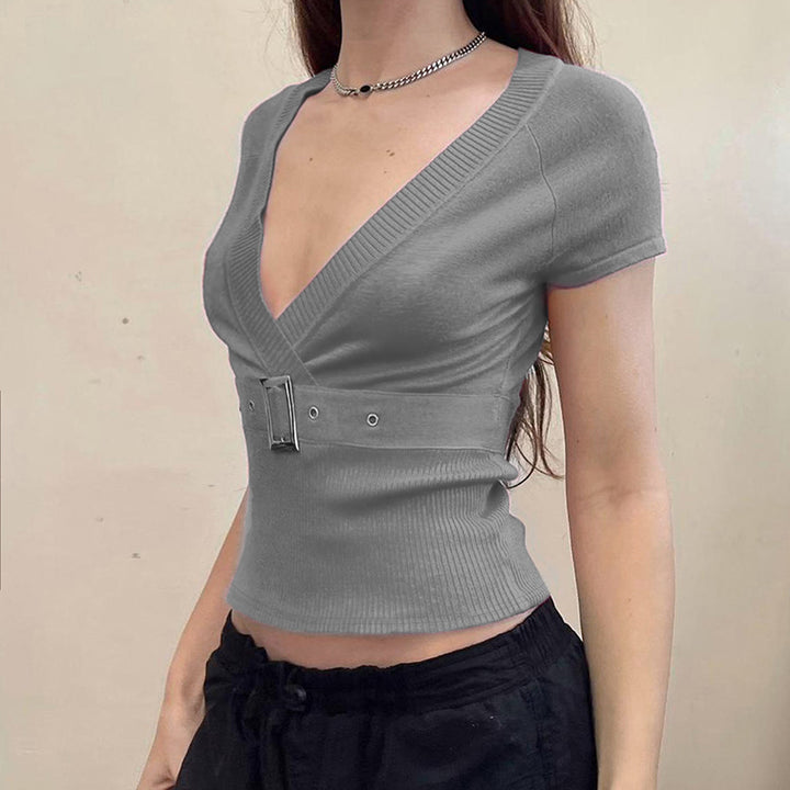 Belted V-Neck Ribbed Knit Slim Fit Short Sleeve Top - Vedlit