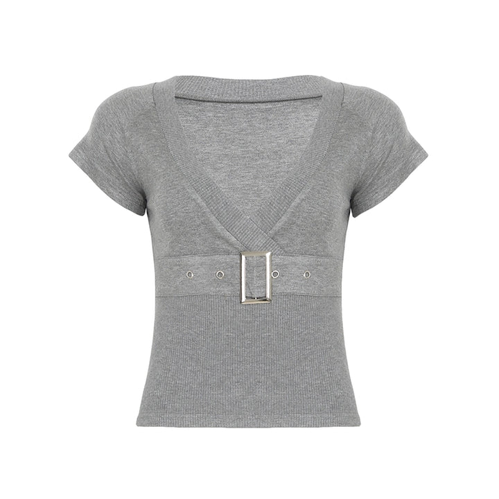 Belted V-Neck Ribbed Knit Slim Fit Short Sleeve Top - Vedlit