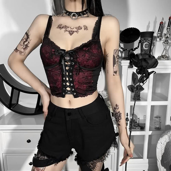 Black And Red Gothic Lace Cami Crop Top - Vedlit