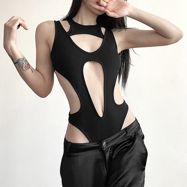 Black Cut Out High Rise Bodysuit - Vedlit
