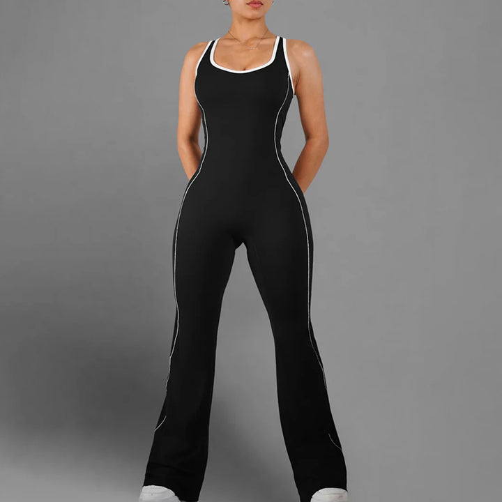 Black Flare Leg Active Jumpsuit with White Piping - Vedlit